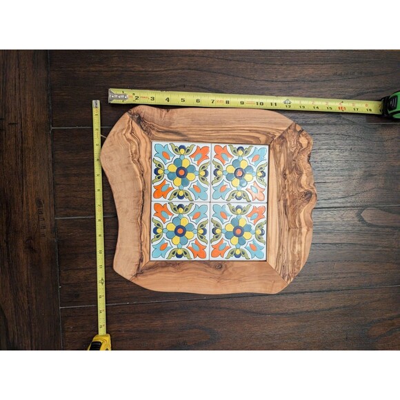 Arte Legno Handcrafted Live Edge Olive Wood & Ceramic Tile Serving Tray Platter - Picture 4 of 5